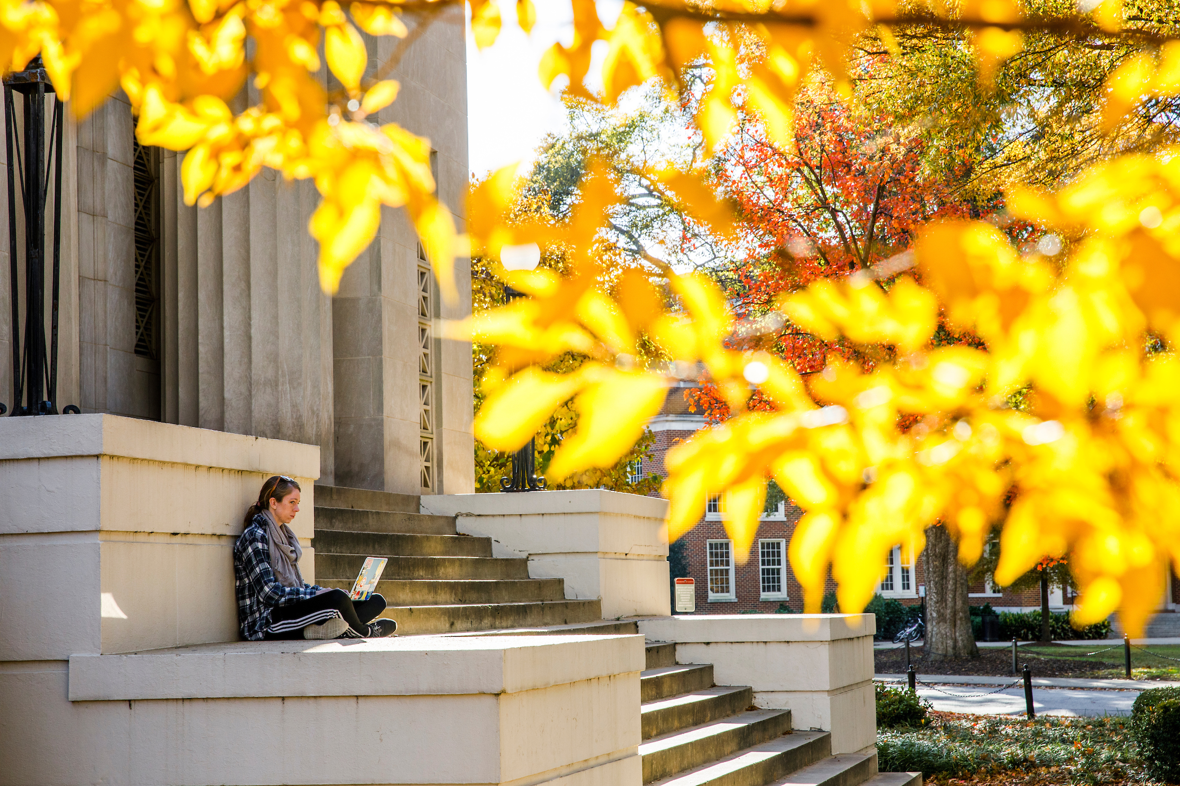 Girl sitting on staircase with fall leaves in the foreground